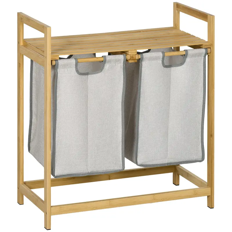 Cesto de la Ropa Sucia de Bambú con 2 Bolsas Extraíbles y Estante Carga 20kg 2x40,6L 64x33x73 cm Natural