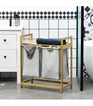 Cesto de la Ropa Sucia de Bambú con 2 Bolsas Extraíbles y Estante Carga 20kg 2x40,6L 64x33x73 cm Natural