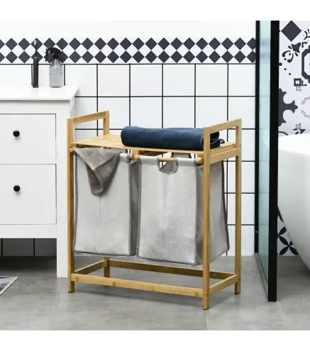 Cesto de la Ropa Sucia de Bambú con 2 Bolsas Extraíbles y Estante Carga 20kg 2x40,6L 64x33x73 cm Natural