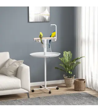 Comedero para Pájaros de Pie Ø60x138 cm con 4 Ruedas 2 Cuenco de Acero Inoxidable y 2 Perchas Blanco