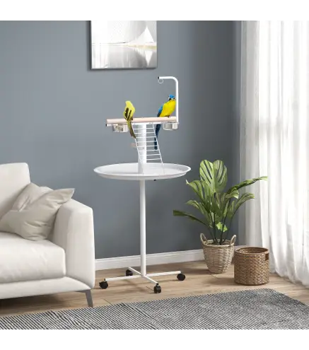 Comedero para Pájaros de Pie Ø60x138 cm con 4 Ruedas 2 Cuenco de Acero Inoxidable y 2 Perchas Blanco