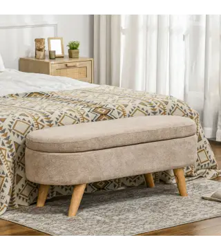 Banco de Almacenaje con Patas de Madera y Asiento Acolchado Carga 120 kg Puff Almacenaje Ovalado Beige