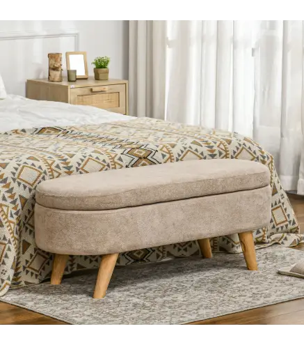 Banco de Almacenaje con Patas de Madera y Asiento Acolchado Carga 120 kg Puff Almacenaje Ovalado Beige