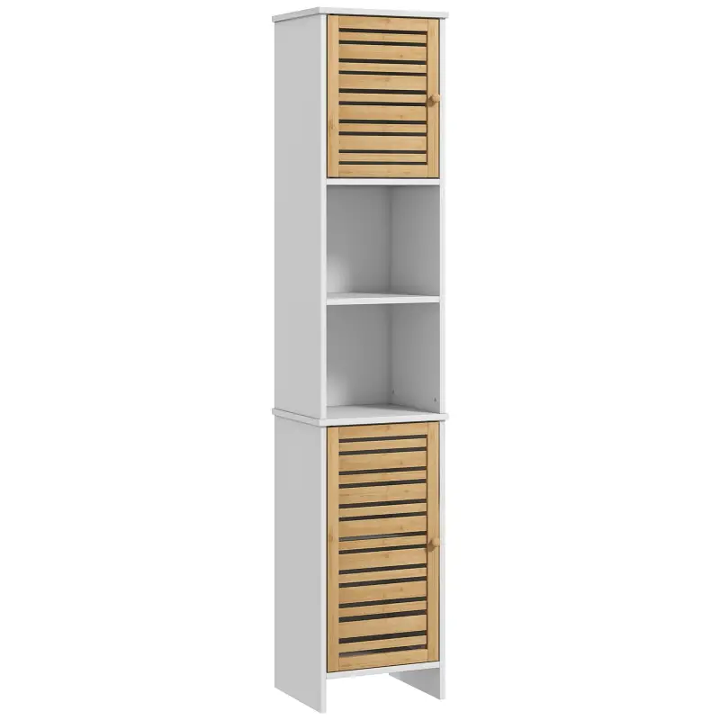 Mueble Auxiliar de Baño con Estantes Ajustables y Puertas de Bambú Anti-vuelco 35x30x170 cm Blanco y Natural