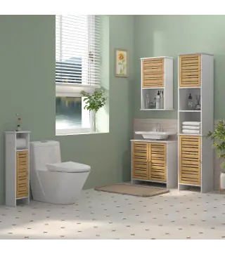 Mueble Auxiliar de Baño con Estantes Ajustables y Puertas de Bambú Anti-vuelco 35x30x170 cm Blanco y Natural