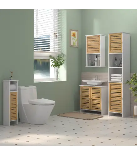 Mueble Auxiliar de Baño con Estantes Ajustables y Puertas de Bambú Anti-vuelco 35x30x170 cm Blanco y Natural
