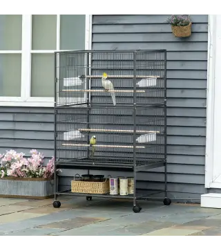 Jaula para Pájaros con Ruedas 78x52x132 cm con Bandeja Extraíble y Estante para Canarios Periquitos Gris Oscuro