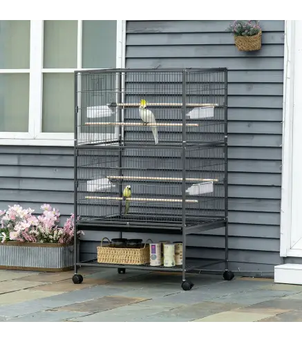 Jaula para Pájaros con Ruedas 78x52x132 cm con Bandeja Extraíble y Estante para Canarios Periquitos Gris Oscuro