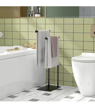 Toallero de Pie con 2 Barras y Marco Metálico Toallero de Baño Moderno en Forma de L 35,5x20x78 cm Negro