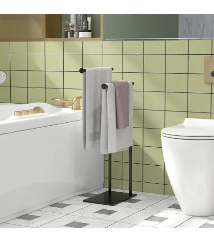 Toallero de Pie con 2 Barras y Marco Metálico Toallero de Baño Moderno en Forma de L 35,5x20x78 cm Negro