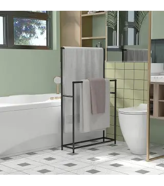 Toallero de Pie con 2 Barras y Marco Metálico Toallero de Baño Moderno 66x20x110 cm Negro