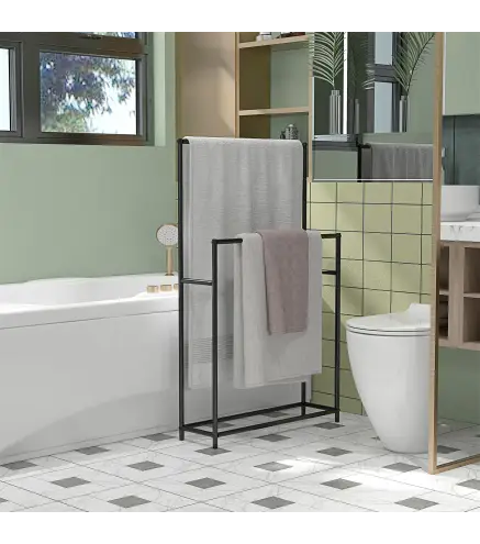 Toallero de Pie con 2 Barras y Marco Metálico Toallero de Baño Moderno 66x20x110 cm Negro