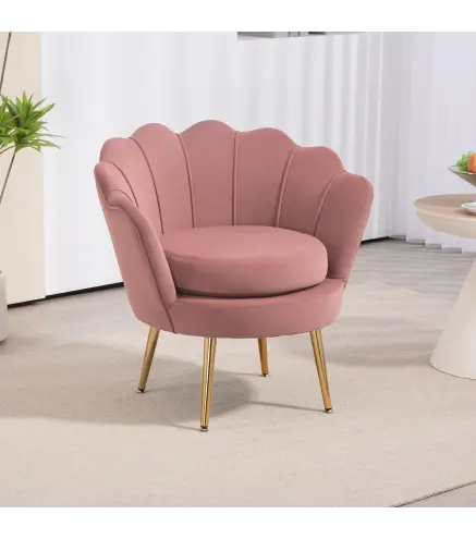 Butaca Tapizada en Terciopelo Butaca de Dormitorio con Respaldo en Forma de Concha y Patas Doradas 76x67x74 cm Rosa