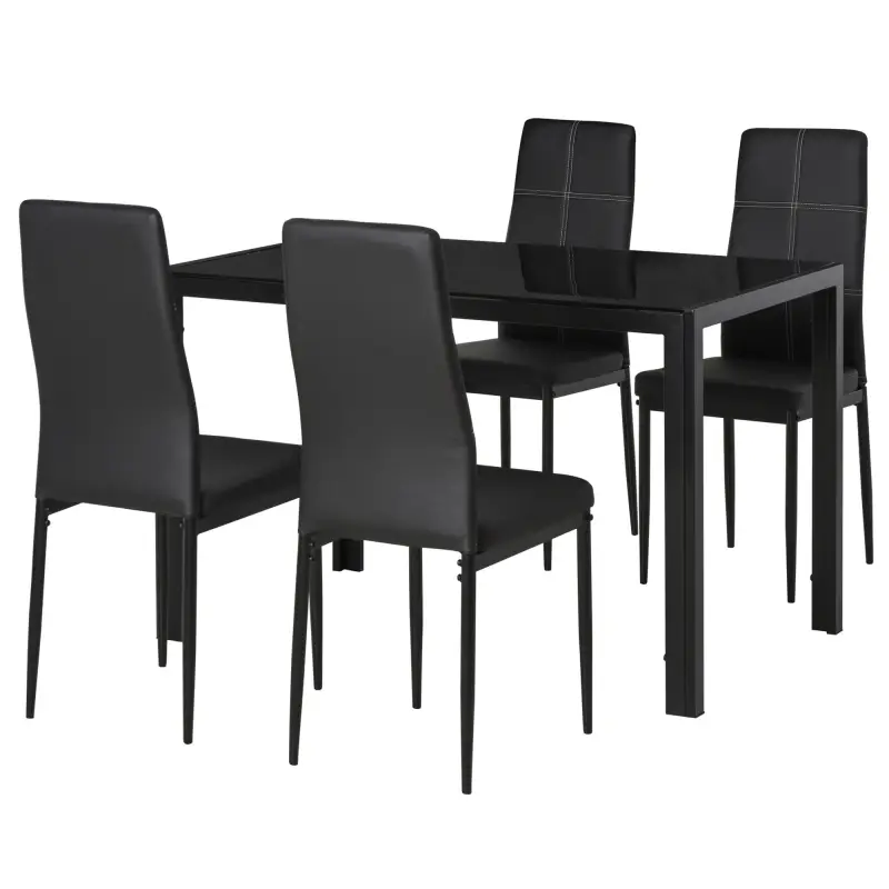 Conjunto de Comedor de Mesa y 4 Sillas 5 Piezas Mesa Rectangular de Vidrio Templado y Sillas Tapizadas en PU Negro