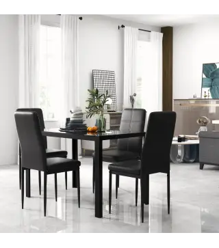 Conjunto de Comedor de Mesa y 4 Sillas 5 Piezas Mesa Rectangular de Vidrio Templado y Sillas Tapizadas en PU Negro