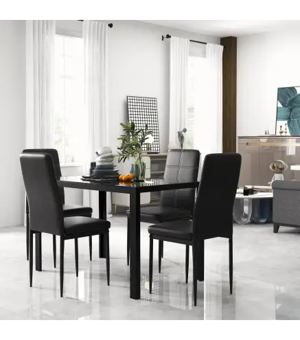 Conjunto de Comedor de Mesa y 4 Sillas 5 Piezas Mesa Rectangular de Vidrio Templado y Sillas Tapizadas en PU Negro