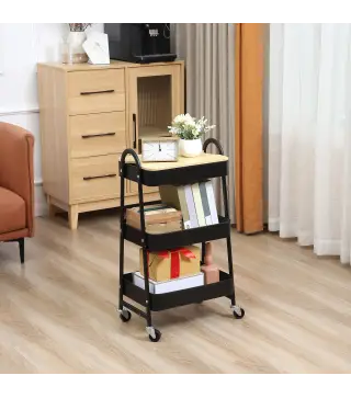 Carrito de Cocina con 3 Cestas de Acero y 1 Placa de Cubierta para Comedor Sala Baño 45x31x79,4 cm Negro
