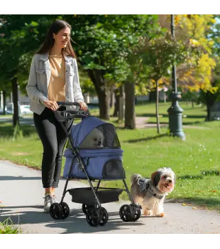 Carrito para Perros Pequeños con Ruedas Universales Cesta de Almacenaje Correas de Seguridad y Ventanas 67x45x96 cm Azul