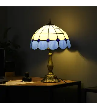 Lámpara de Mesa Estilo Clásico Hecha a Mano Lámpara de Noche de Vidrio para Dormitorio Salón Ø31x48 cm Azul