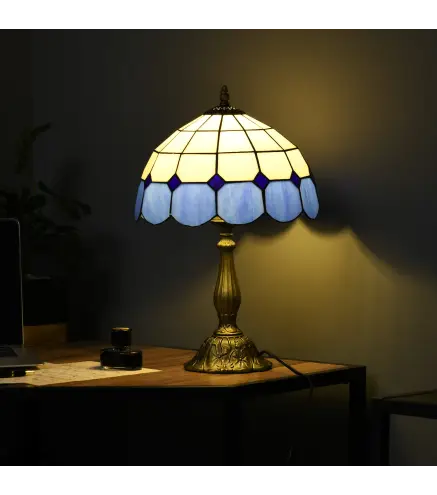 Lámpara de Mesa Estilo Clásico Hecha a Mano Lámpara de Noche de Vidrio para Dormitorio Salón Ø31x48 cm Azul