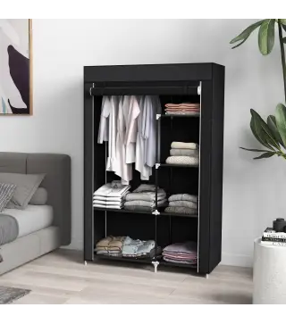 Armario de Tela Plegable Ropero Portátil con 6 Estantes y 1 Barra de Colgar para Dormitorio 103x43x162,5cm Negro