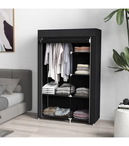 Armario de Tela Plegable Ropero Portátil con 6 Estantes y 1 Barra de Colgar para Dormitorio 103x43x162,5cm Negro