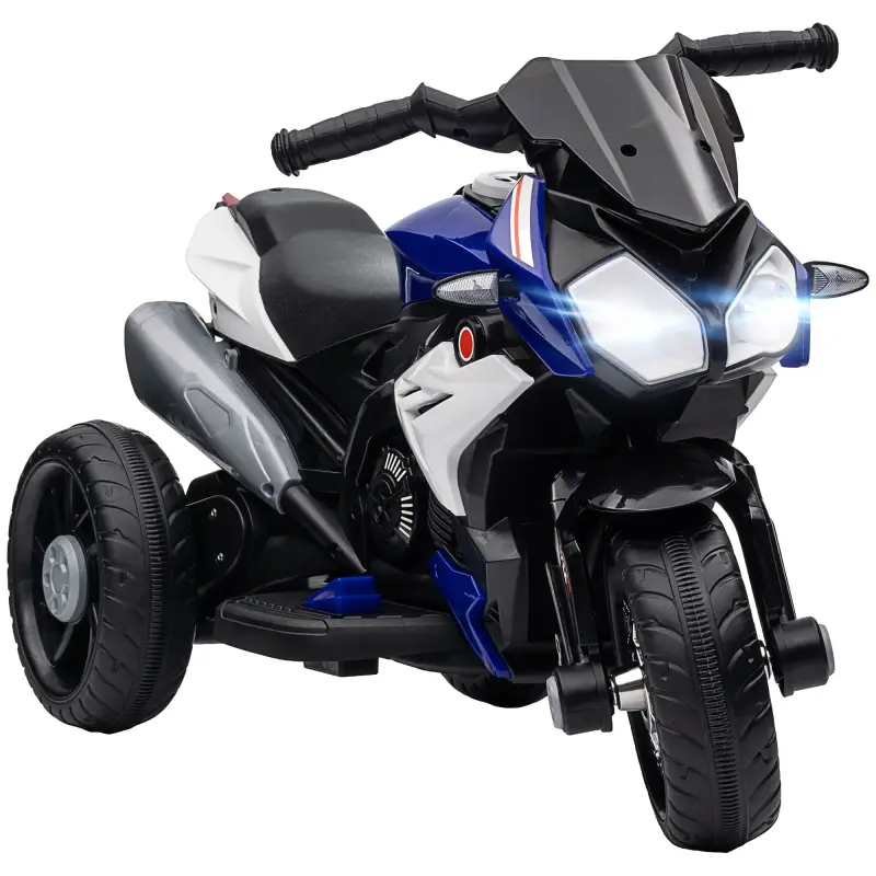 Moto Eléctrica Infantil con 3 Ruedas con Batería 6V Recargable Funciones de Música Bocina Faros 86x42x52 cm Negro y Azul