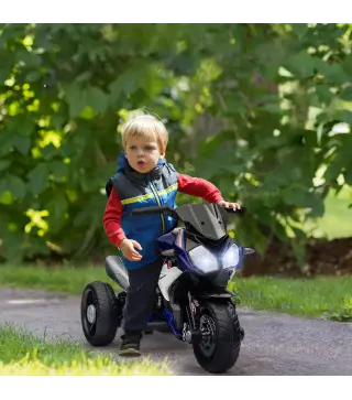 Moto Eléctrica Infantil con 3 Ruedas con Batería 6V Recargable Funciones de Música Bocina Faros 86x42x52 cm Negro y Azul