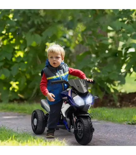 Moto Eléctrica Infantil con 3 Ruedas con Batería 6V Recargable Funciones de Música Bocina Faros 86x42x52 cm Negro y Azul