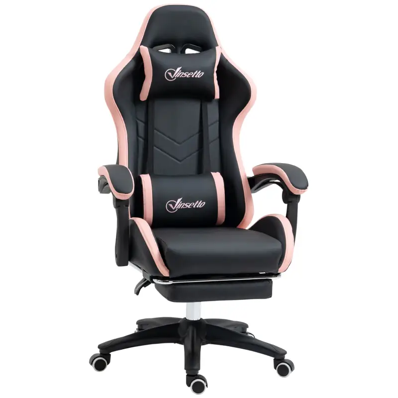 Silla Gaming Silla Gamer de Cuero PU Reclinable 135° Reposacabezas y Reposapiés 65x65x121-129 cm Negro y Rosa
