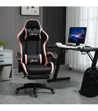 Silla Gaming Silla Gamer de Cuero PU Reclinable 135° Reposacabezas y Reposapiés 65x65x121-129 cm Negro y Rosa