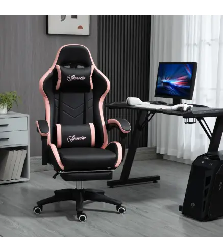 Silla Gaming Silla Gamer de Cuero PU Reclinable 135° Reposacabezas y Reposapiés 65x65x121-129 cm Negro y Rosa