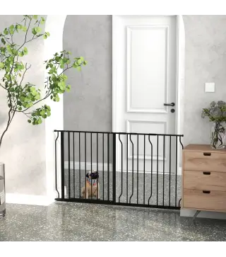 Barrera para Mascotas con 3 Extensiones Montaje a Presión Doble Bloqueo para Puerta Pasillo Escalera 75-145x76 cm Negro