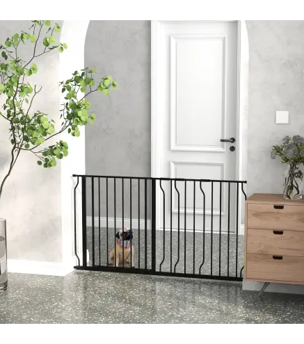 Barrera para Mascotas con 3 Extensiones Montaje a Presión Doble Bloqueo para Puerta Pasillo Escalera 75-145x76 cm Negro