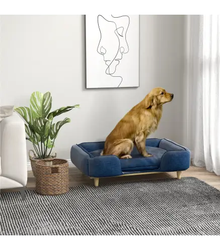 Cama Elevada para Perros con Patas de Madera y Cojín Lavables Cama para Mascotas Carga 30 kg 96x66x24 cm Azul