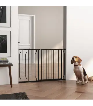 Barrera para Mascotas con 2 Extensiones Montaje a Presión Doble Bloqueo para Puerta Pasillo Escalera 75-115x76 cm Negro