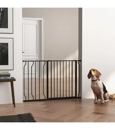 Barrera para Mascotas con 2 Extensiones Montaje a Presión Doble Bloqueo para Puerta Pasillo Escalera 75-115x76 cm Negro
