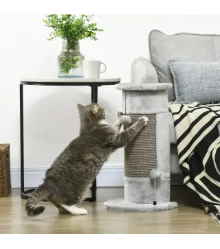 Rascador para Gatos Arañador para Gatos con Poste de Sisal y Bolas Colgantes 34x25,5x58 cm Gris