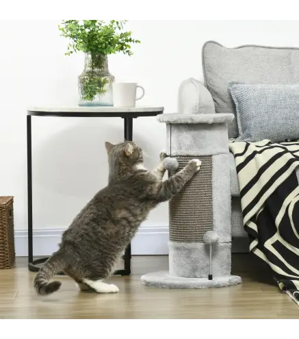Rascador para Gatos Arañador para Gatos con Poste de Sisal y Bolas Colgantes 34x25,5x58 cm Gris