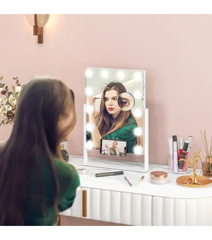 Espejo de Maquillaje con Luz 30x40 cm con 12 Bombillas 3 Modos de Iluminación Ajustables Interruptor Táctil Blanco