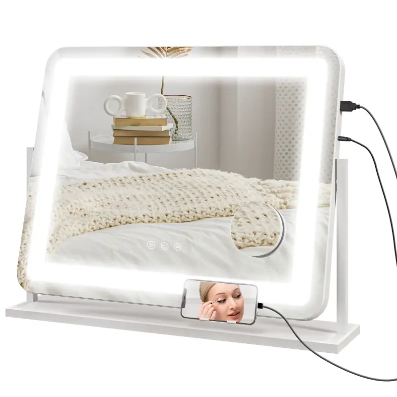 Espejo de Tocador Giratorio 58x46 cm con 3 Modos de Iluminación Ajustables Interruptor Táctil Espejo de Aumento Blanco
