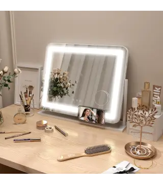 Espejo de Tocador Giratorio 58x46 cm con 3 Modos de Iluminación Ajustables Interruptor Táctil Espejo de Aumento Blanco