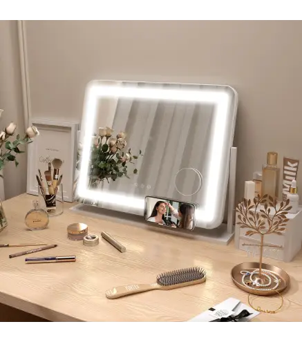 Espejo de Tocador Giratorio 58x46 cm con 3 Modos de Iluminación Ajustables Interruptor Táctil Espejo de Aumento Blanco