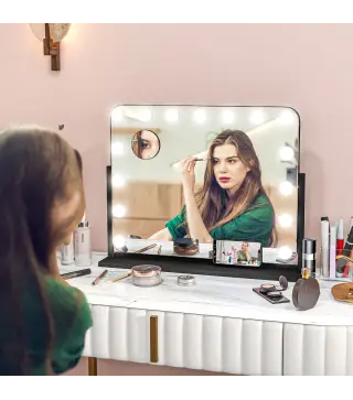 Espejo de Tocador Giratorio 58x46 cm con 14 Bombillas LED 3 Modos de Iluminación Ajustables Interruptor Táctil Negro