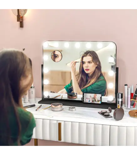 Espejo de Tocador Giratorio 58x46 cm con 14 Bombillas LED 3 Modos de Iluminación Ajustables Interruptor Táctil Negro