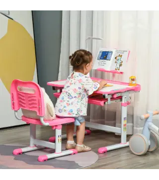 Juego de Escritorio y Silla para Niños de +6 Años Ajustable con Mesa Inclinable Lámpara Cajón y Estante para Libros Rosa