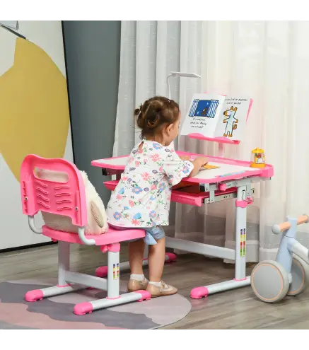 Juego de Escritorio y Silla para Niños de +6 Años Ajustable con Mesa Inclinable Lámpara Cajón y Estante para Libros Rosa