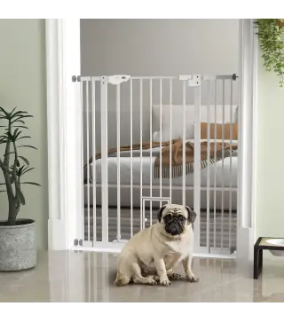 Barrera de Seguridad Extensible con Puerta Pequeña Cierre Automático y Sistema de Doble Bloqueo 74-101x104,1 cm Blanco