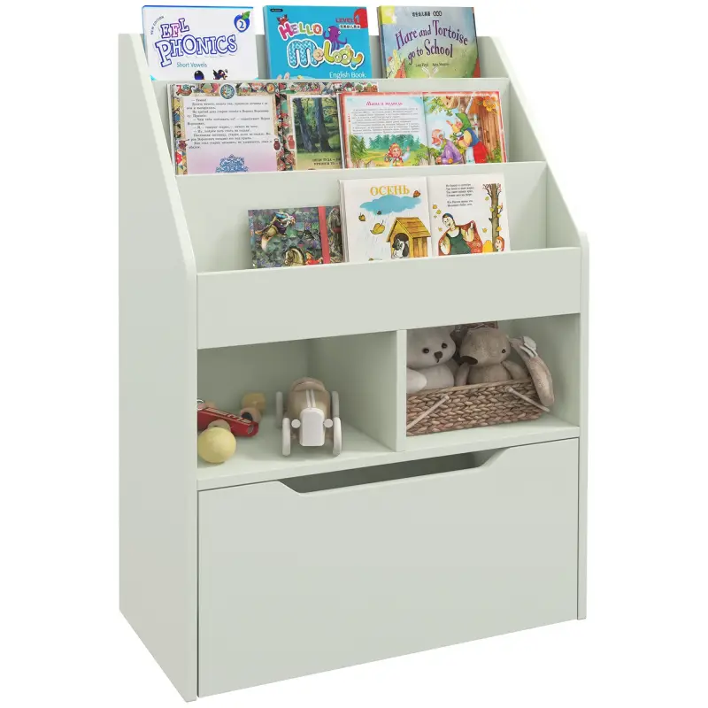 Estantería Infantil de Madera con 3 Compartimentos 2 Cubos y Cajón Móvil con 4 Ruedas 60x29,9x90 cm Verde