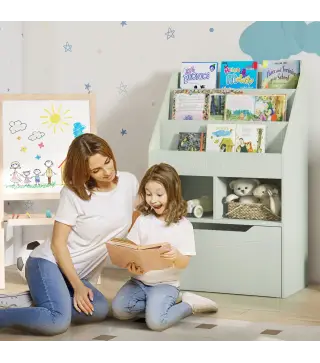 Estanteria Infantil de Madera con 3 Compartimentos 2 Cubos y Cajon Movil con 4 Ruedas 60x29,9x90 cm Verde